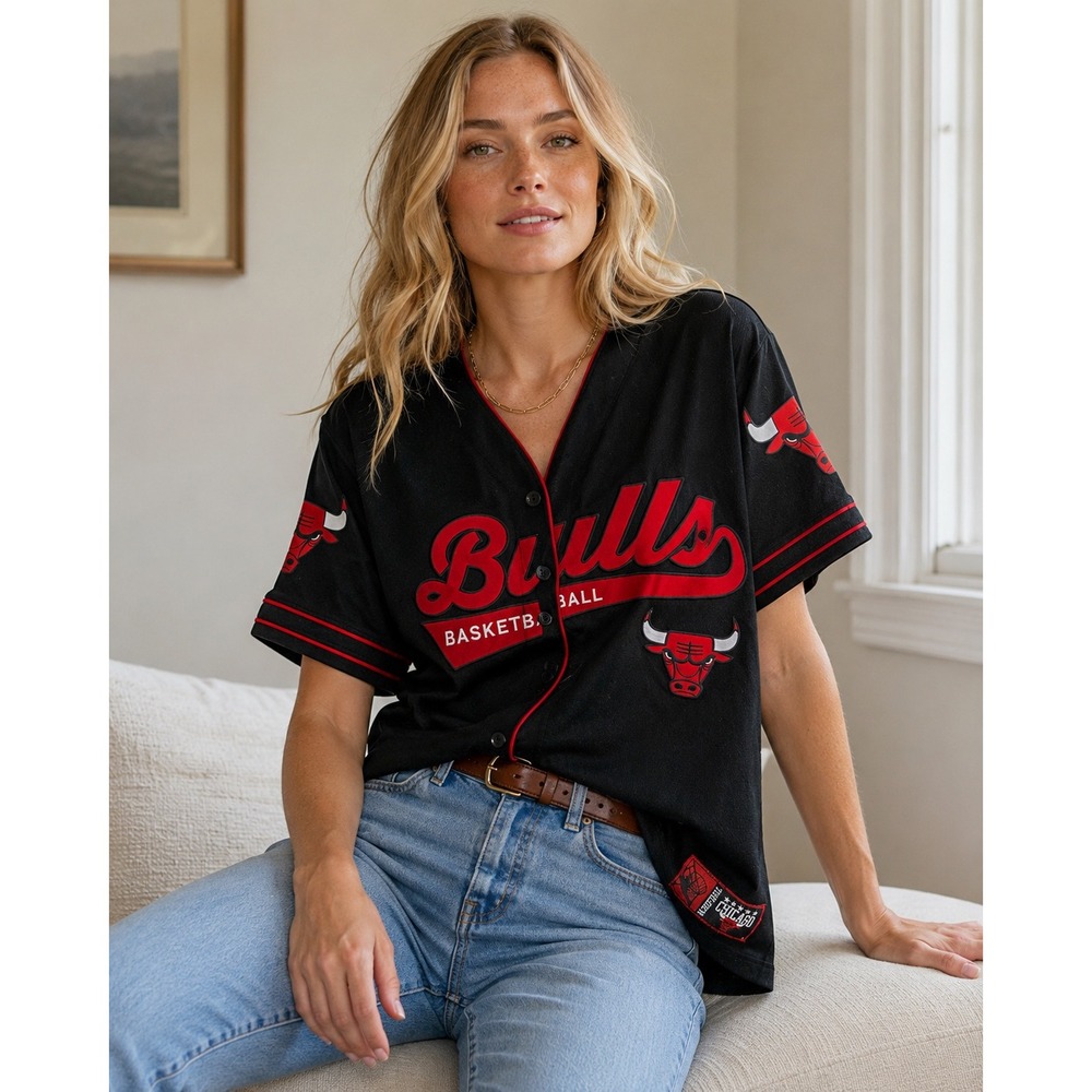 NBA Chicago Bulls Mens Black Red Button Up Basketball Jersey Size Medium